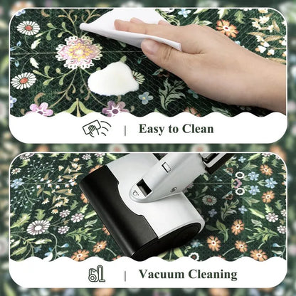 AR006737greenfloralkitchenmateasycleanwipeablewashablevacuumfriendlyrunnerrugsetHEBE RUGS