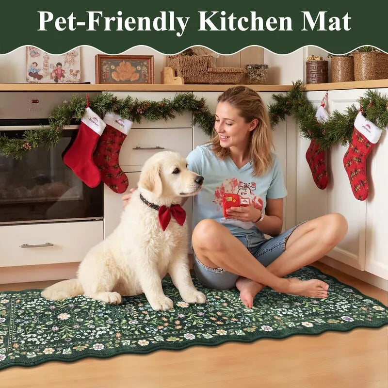 AR006737greenfloralpetfriendlykitchenrugsoftcushionedrunnermatfordoghomedecorUSHEBE RUGS