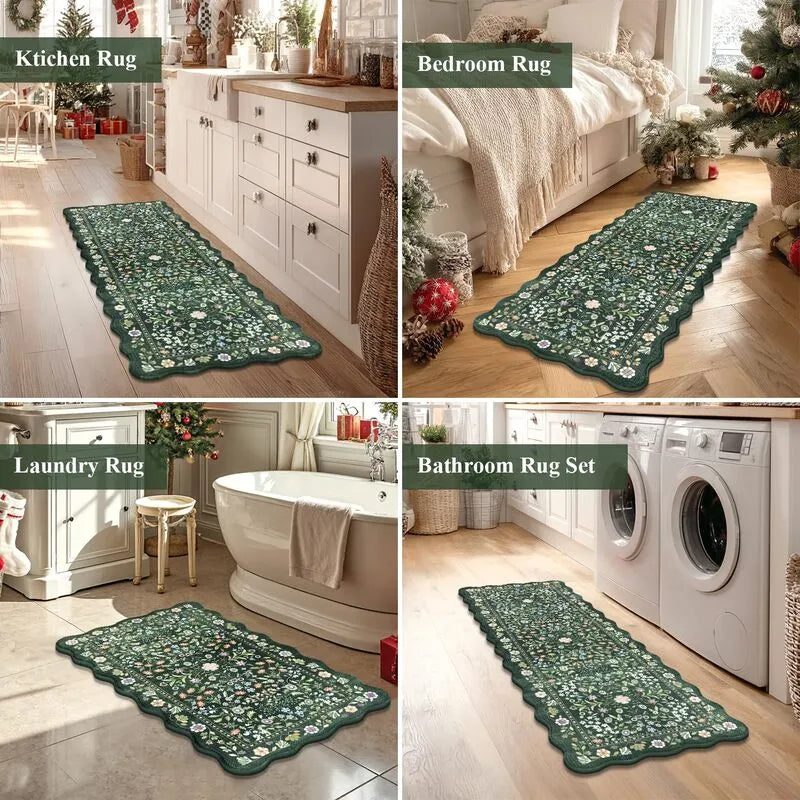 AR006737greenfloralrunnerrugsetmultipurposefloormatforkitchenlaundrybedroombathroomHEBE RUGS