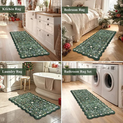 AR006737greenfloralrunnerrugsetmultipurposefloormatforkitchenlaundrybedroombathroomHEBE RUGS