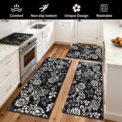 AR006809blackbotanicalfloralprint3piecewashablekitchenrunnersetforAmericanhomeHEBE RUGS