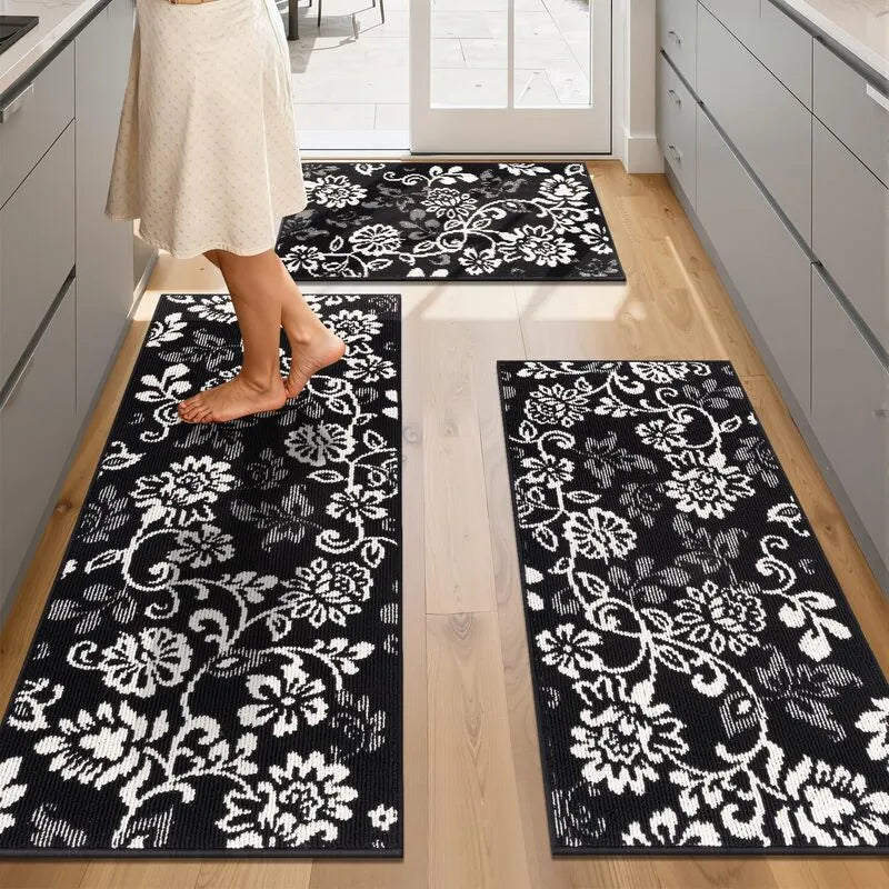 AR006809blackfloralaesthetic3piecekitchenrugrunnersetnonskidfloormatforUShouseHEBE RUGS
