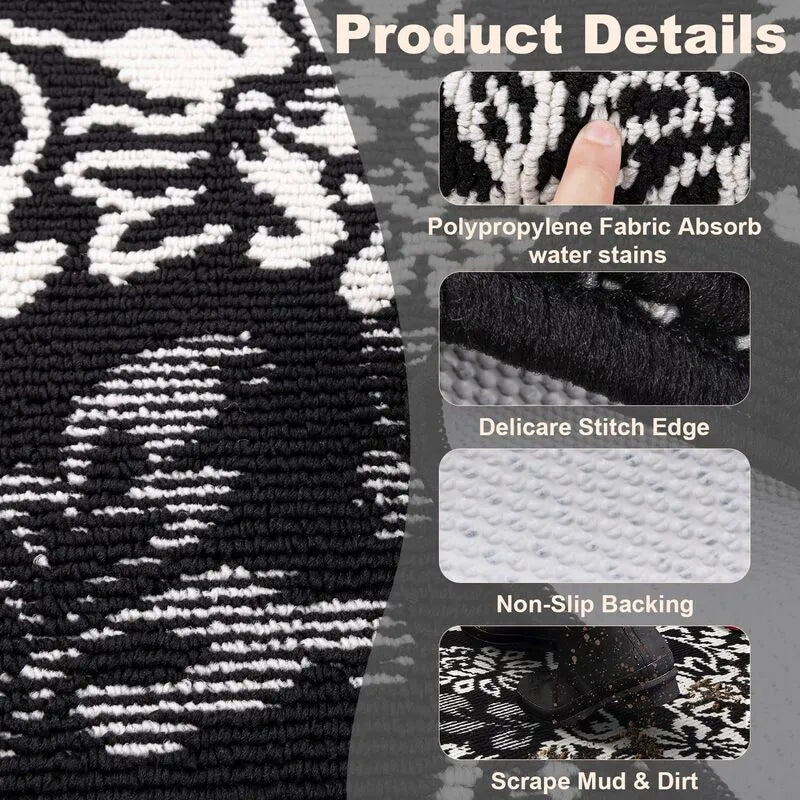 AR006809blackfloraldirtscrapingwaterabsorbentkitchenrunnerrugdurableedgeforUSfloorHEBE RUGS
