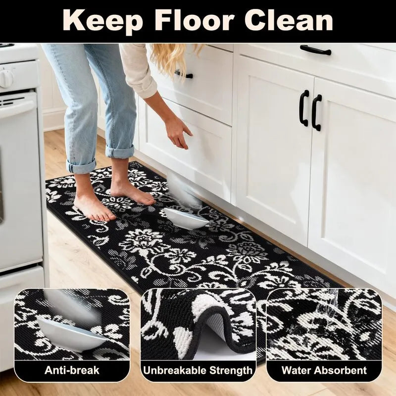AR006809blackfloralheavydutyfloorprotectionrunnermatwaterabsorbentforUSkitchenHEBE RUGS