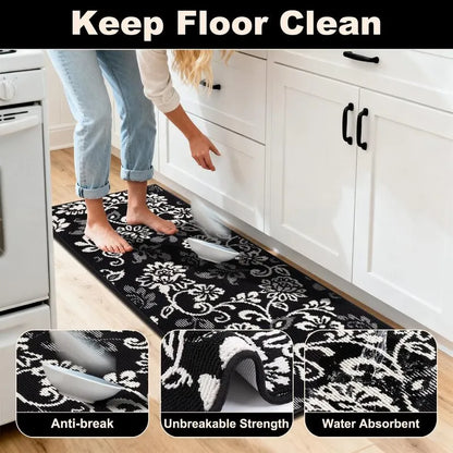 AR006809blackfloralheavydutyfloorprotectionrunnermatwaterabsorbentforUSkitchenHEBE RUGS