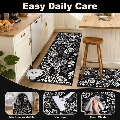 AR006809blackfloralmachinewashableeasycleanvacuumrobotfriendlykitchenrunnerrugUShomeHEBE RUGS