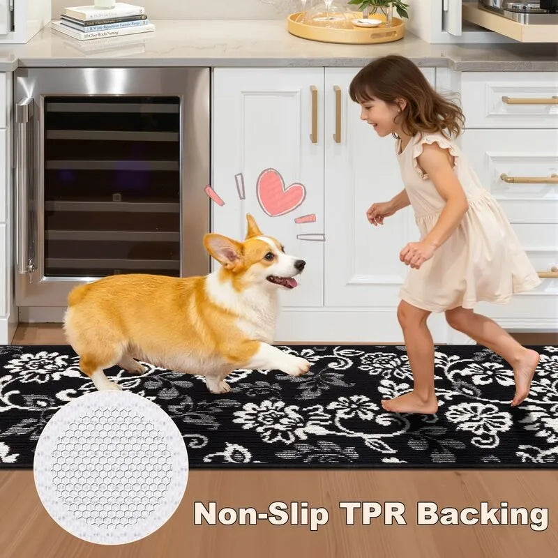 AR006809blackfloralnonslipTPRbackingsafetykitchenrunnerrugforkidsandpetsinUShomeHEBE RUGS