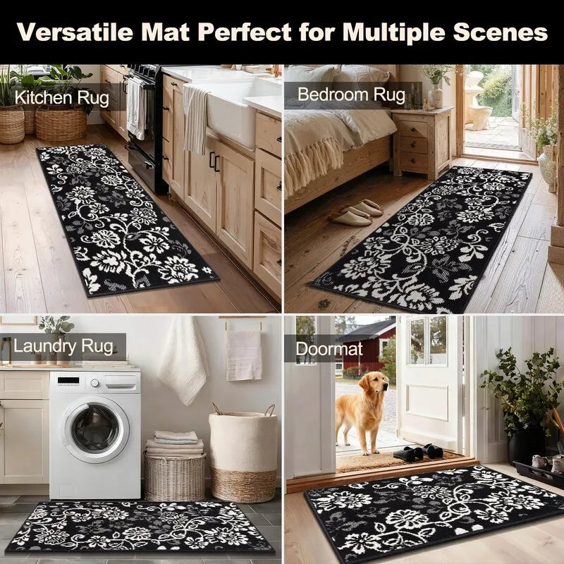 AR006809blackfloralrunnerrugsetforbedroomlaundryroomentrywaykitcheninUShouseHEBE RUGS