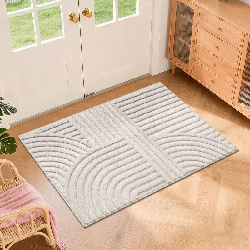 Modern Geometric Line Water Resistant Washable Beige Area Rug