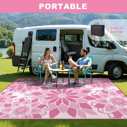 AR007210pink8x10RVcampingrugportablelightweightplasticstrawmatforoutdoorheberug