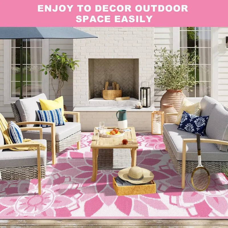 AR007210pink8x10bohofloraloutdoorrugplasticstrawcarpetfordeckbackyardheberug