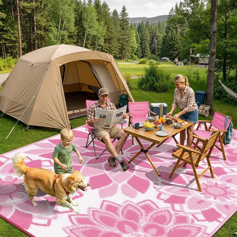 Boho Floral Reversible Plastic Straw Outdoor Camping Area Rug