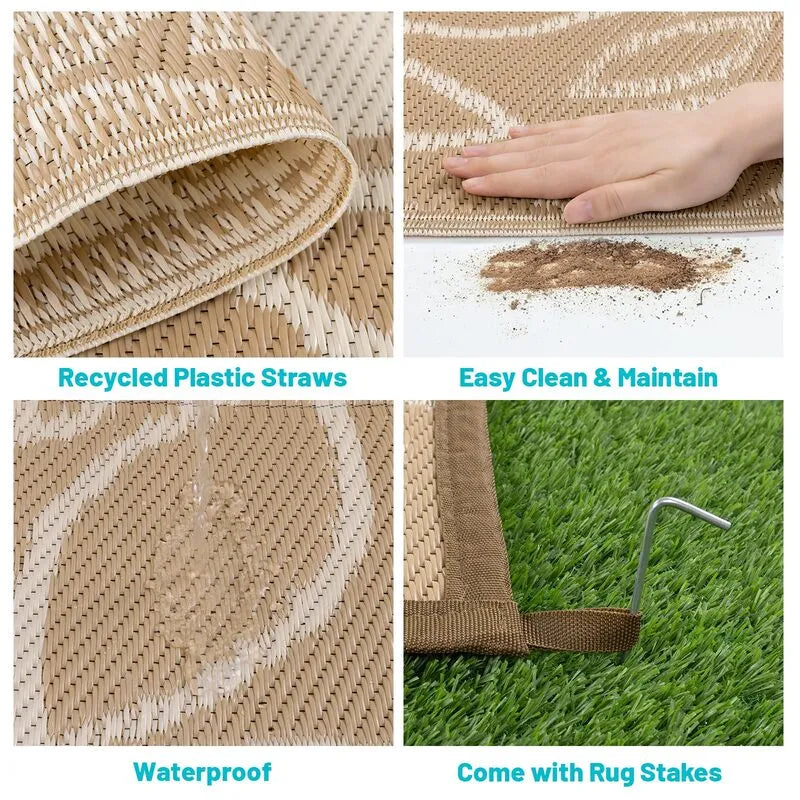 AR007289brown9x12plasticstrawrugrecycledmaterialwaterproofwithrugstakesheberug