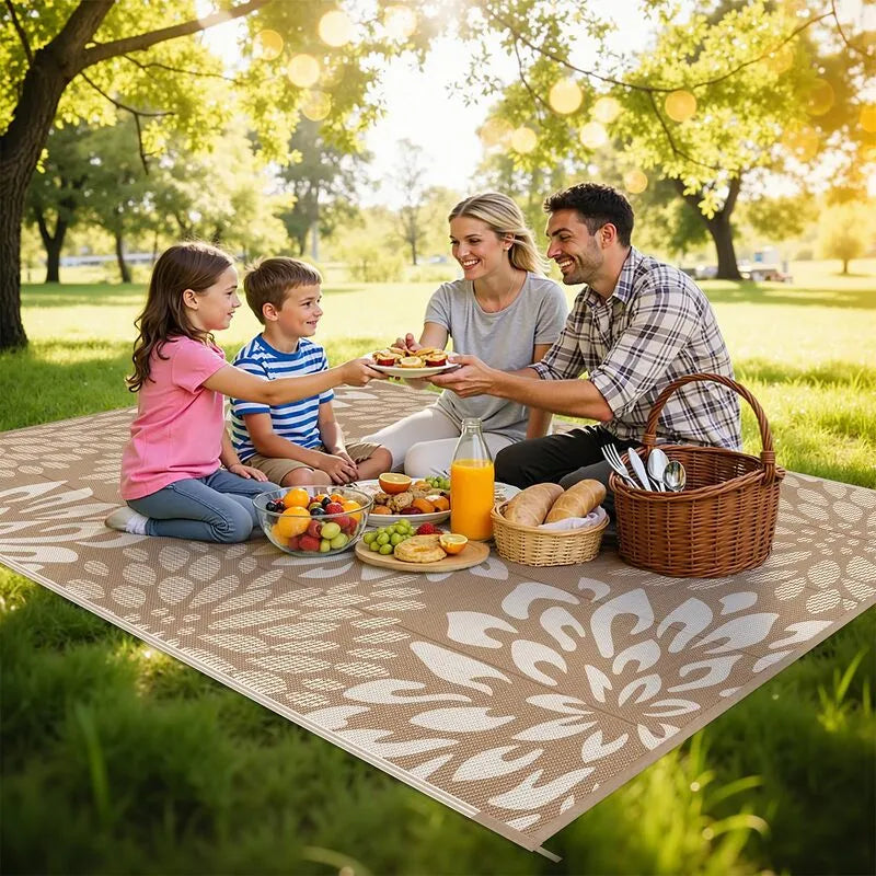 Floral Patterned Reversible Deck Rug - Lightweight Plastic Straw Mat