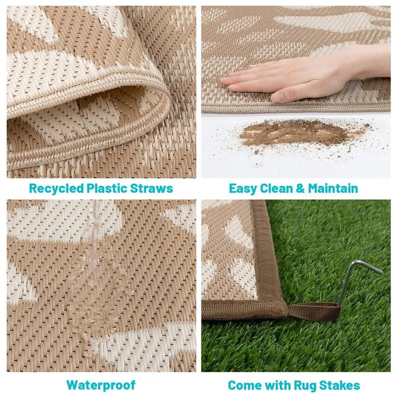 AR007306brown5x8plasticstrawrugrecycledmaterialwaterproofwithrugstakesheberug