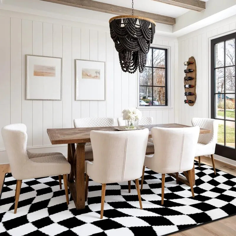 Modern Wavy Checkerboard Washable Non-Slip Low Pile Area Rug