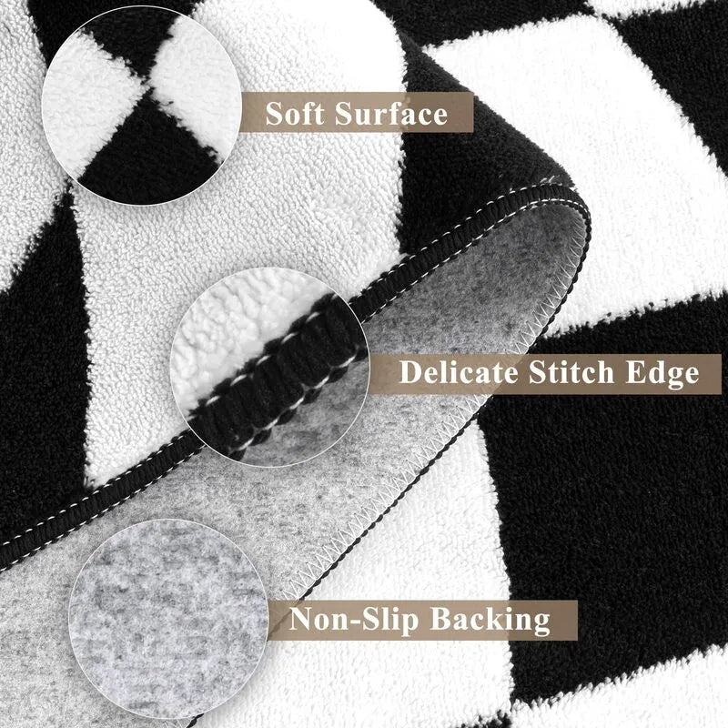 AR007470blackwhite5x7checkeredarearugsoftsurfacenonslipbackingcloseupheberug