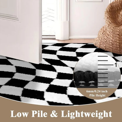 AR007470blackwhite5x7lowpilelightweightcheckerboardarearugclearancedoorfriendlyUShomeheberug