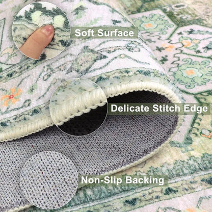 AR007784greennonsliprug2x3softprintedvintagesmallareacarpetwithTPErubberbackingHEBE RUGS
