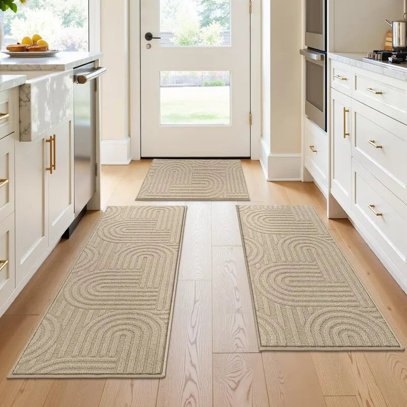 Geometric Carved Washable Absorbent Kitchen Runner Rug 3-Piece Set