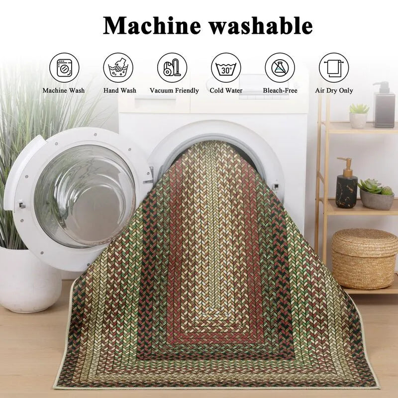 AR008186redwashablerug2x3ftmachinewashablesmallbraidedprintentrydoormateasycleanHEBE RUGS