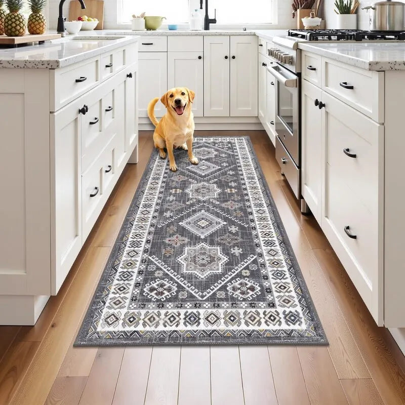 Washable Boho Hallway Runner Rug - Low-Profile Non-Slip Kitchen Carpet