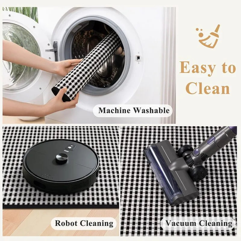 Checkered Chenille Washable Non-Slip Kitchen Runner Rug 2-Piece Set