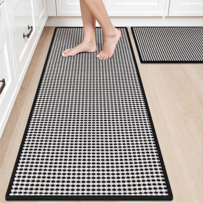 AR008231blackwhitecheckered2piecekitchenrunnerrugsetnonslipwashablefloormatsforUShomeHEBE RUGS