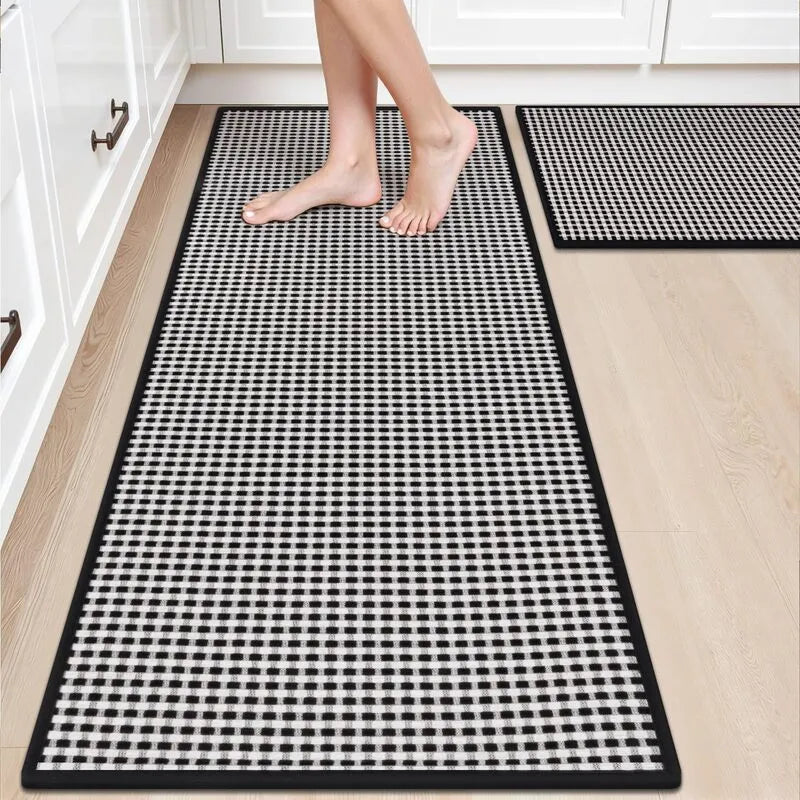 Checkered Chenille Washable Non-Slip Kitchen Runner Rug 2-Piece Set