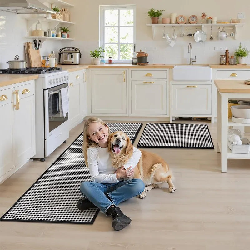 AR008231blackwhiteplaidpetfriendlykidsafekitchenrunnerrugsetforAmericanfamilyHEBE RUGS