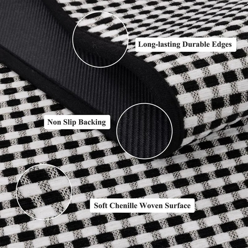 AR008231blackwhiteplaidsoftchenillewovenrunnerrugnonslipbackingdurableedgedetailUShomeHEBE RUGS