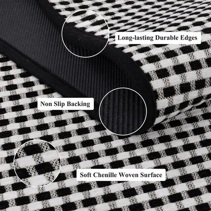 AR008231blackwhiteplaidsoftchenillewovenrunnerrugnonslipbackingdurableedgedetailUShomeHEBE RUGS