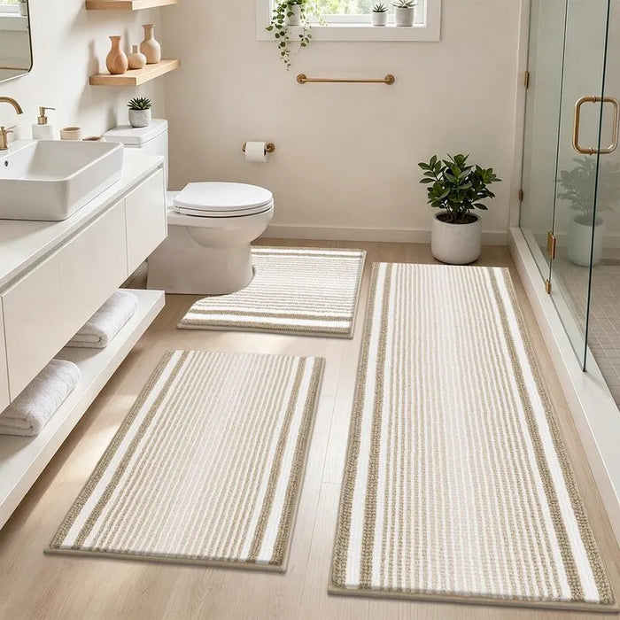 3 Piece Striped Non Slip Plush Bathroom Rug Set
