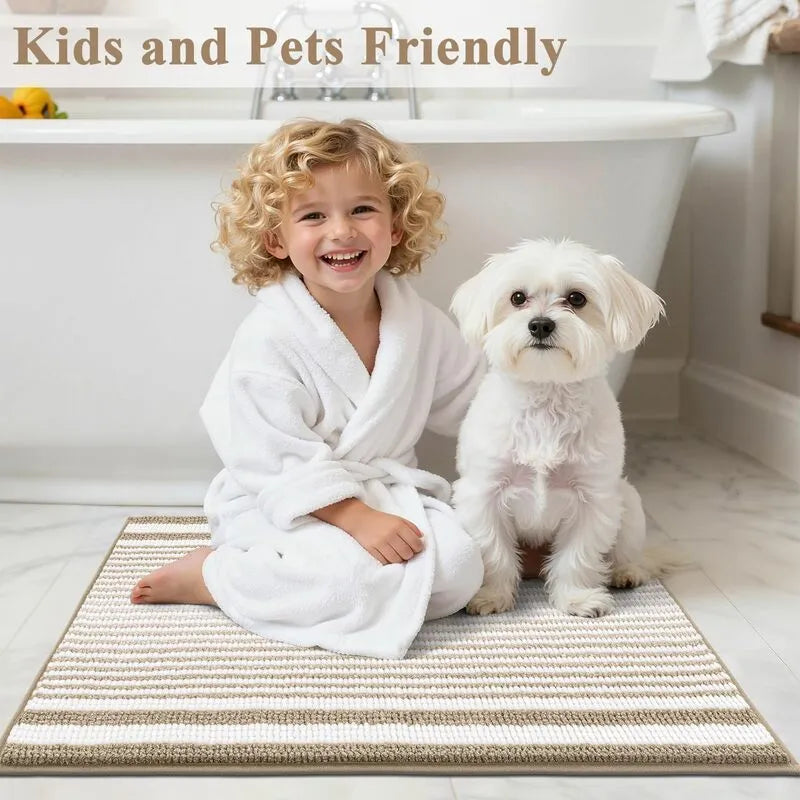 3 Piece Striped Non Slip Plush Bathroom Rug Set