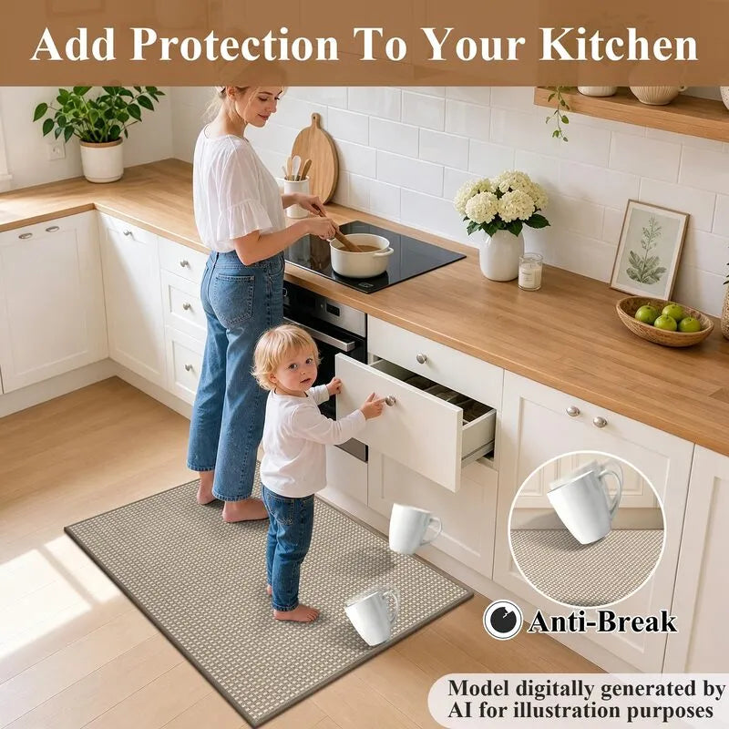 AR008340browncheckeredwaterabsorbentantibreakcushionedkitchenfloorrugforfamilyHEBE RUGS