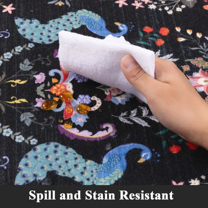 AR008916blackstainresistantrunnerrug2x8spillprooffloralpeacockcarpetmatHEBE RUGS
