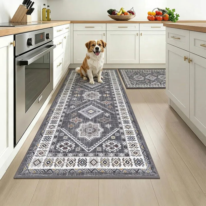 Boho Moroccan Washable Non-Slip Kitchen Runner Rug 2-Piece Set
