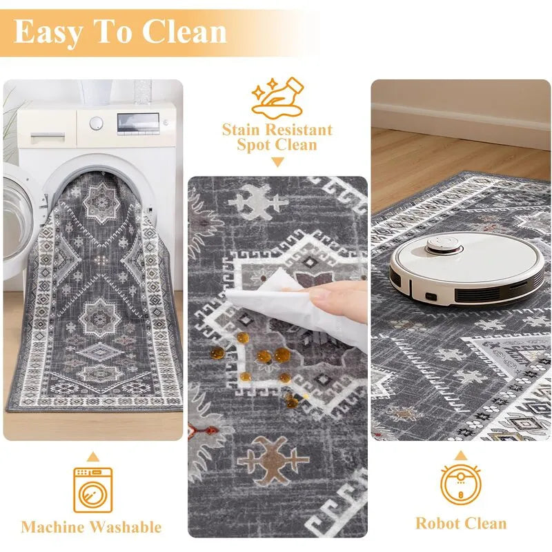 Boho Moroccan Washable Non-Slip Kitchen Runner Rug 2-Piece Set