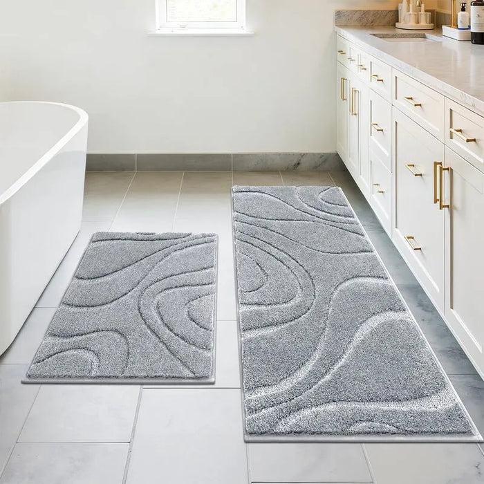 2 Piece Non Slip Plush Microfiber Bathroom Rug Runner Set