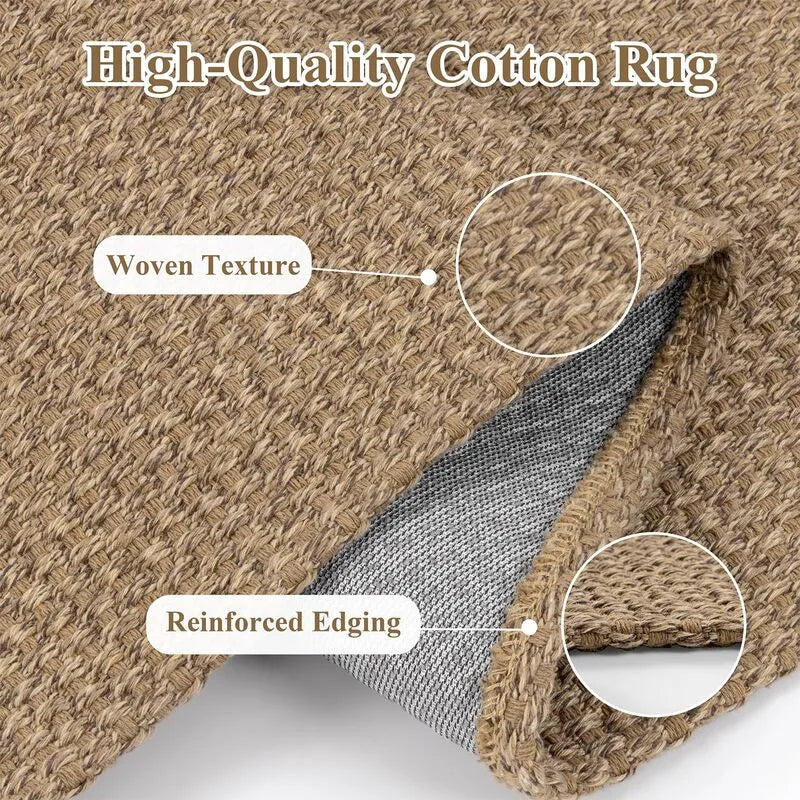 AR009139brownhighqualitywovencotton6x9arearugreinforcededgedetailcloseupheberug