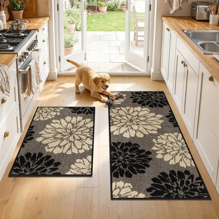 Textured Floral Washable Absorbent Kitchen Runner Rug 2-Piece Set