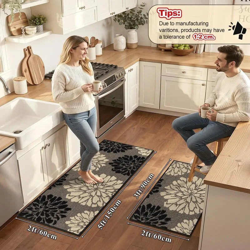 Textured Floral Washable Absorbent Kitchen Runner Rug 2-Piece Set