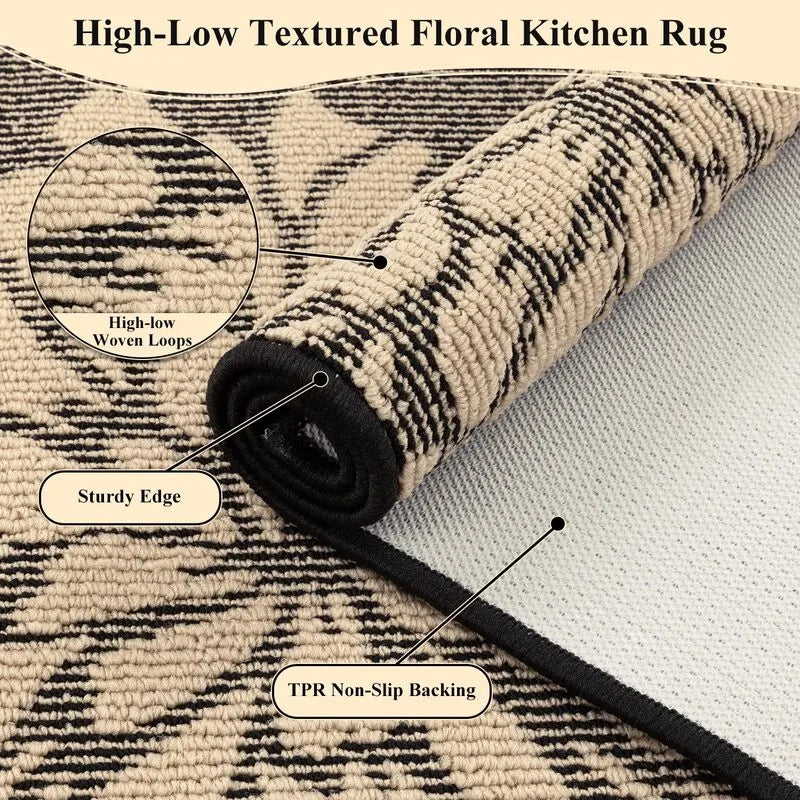AR009312blackfloralhighlowtexturedwoven2piecekitchenrunnerrugnonslipTPRbackingHEBE RUGS