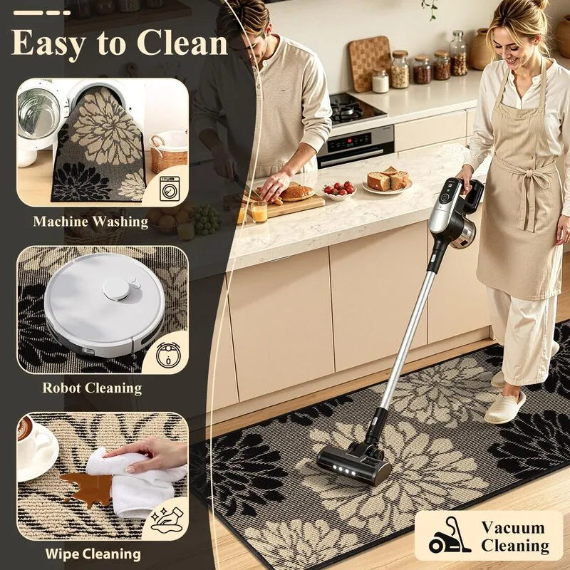 AR009312blackfloralmachinewashableeasycleanvacuumrobotfriendlykitchenrunnerrugsetHEBE RUGS