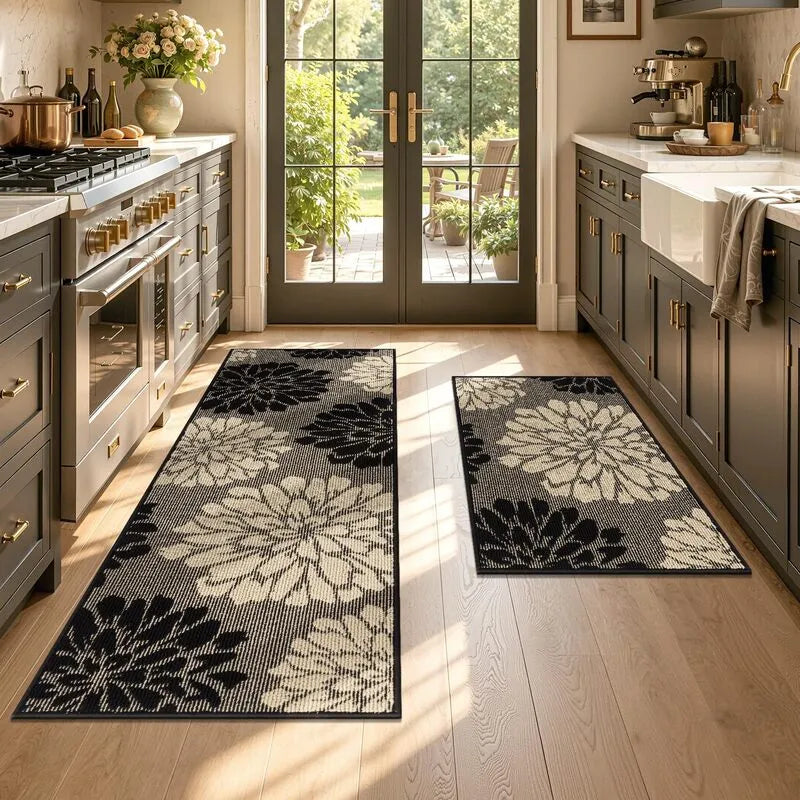 AR009312blackfloralmodern2piecekitchenrunnerrugsetnonskidfloormatforUShouseHEBE RUGS