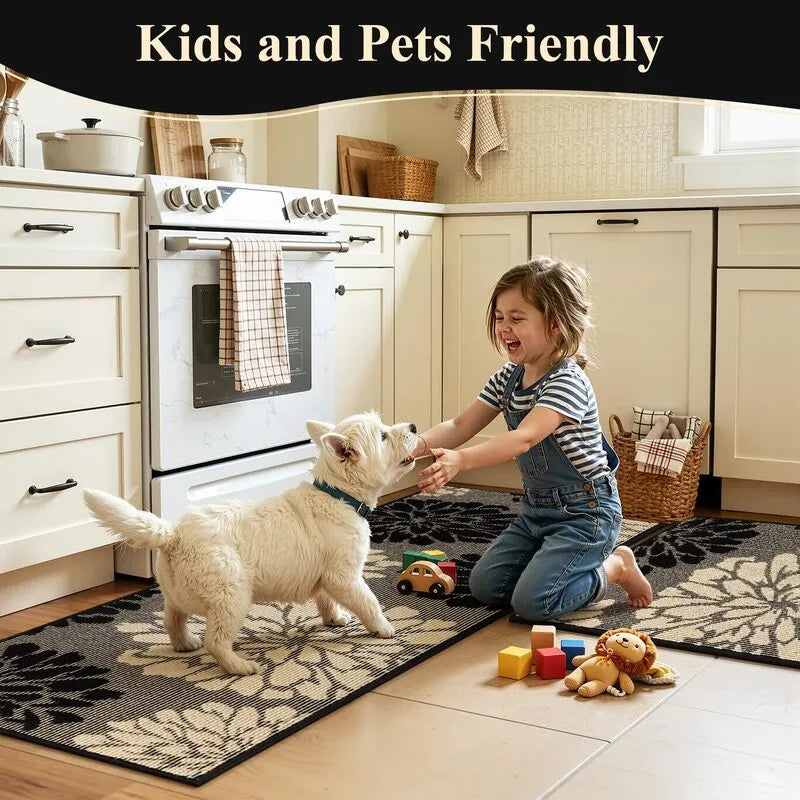AR009312blackfloralpetfriendlykidsafe2piecekitchenrunnerrugsetforAmericanfamilyHEBE RUGS