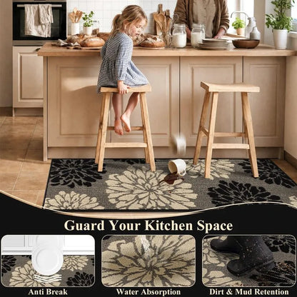 AR009312blackfloralwaterabsorbentdirtmudretentionkitchenrunnerrugsetforUShouseHEBE RUGS