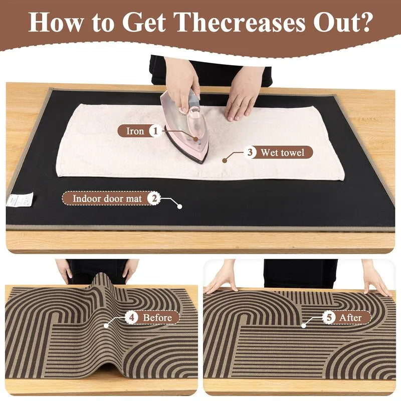 AR009348brown2x3doormatcreaseremovalguideironwithwettowelflatteninginstructionstepHEBE RUGS