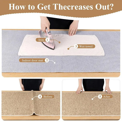 AR009937beige2x3doormatcreaseremovalguideironwithwettowelflatteninginstructionstepHEBE RUGS