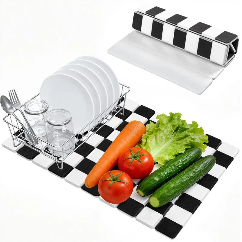 Foldable Checkered Diatomaceous Earth Stone Dish Drying Mat